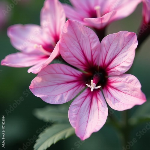 Close-up of pink lychnis coronaria flowers with fuzzy silver leaves, garden, pink, rose campion