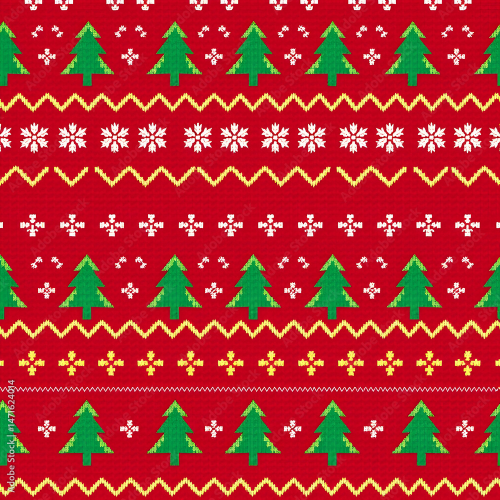 Nordic Fair Isle pattern with green trees, snowflakes. Nordic Fair Isle pattern with green trees, snowflakes.