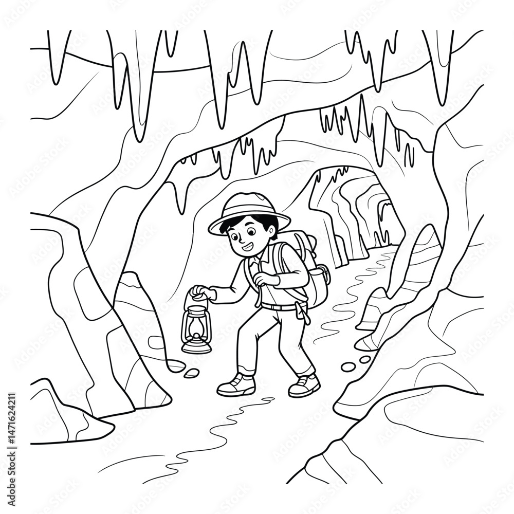 Fototapeta premium Adventurer exploring cave Coloring Page, Silhouette, Vector, Illustration, Icon, Logo, White Background.