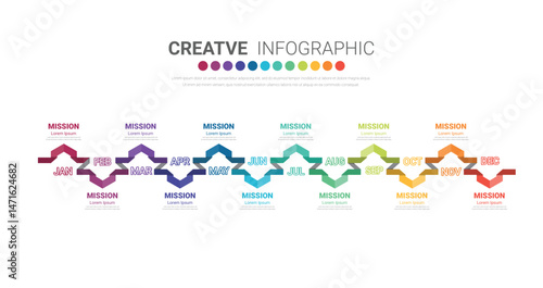 Presentation business infographic template, Timeline for 12 months, 1 year, can be used for workflow, process diagram, flow chart.