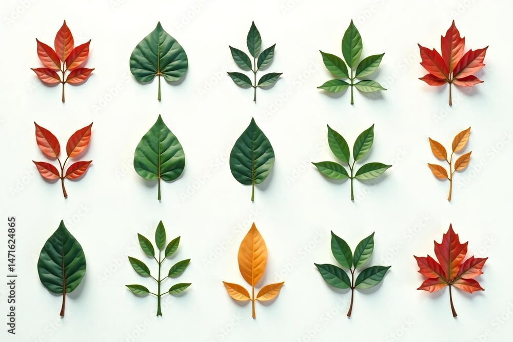 Fototapeta premium Collection of minimalist leaf foliage icons on a white background, simple, nature, plant
