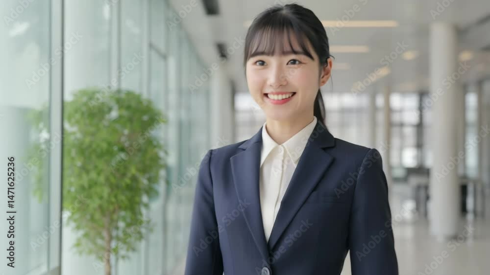 Woman walking through the office with a smile on her face Woman walking through the office with a smile on her face