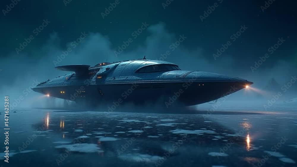 Futuristic vehicle exploration with northern lights gleaming on ethereal landscape Futuristic vehicle exploration with northern lights gleaming on ethereal landscape
