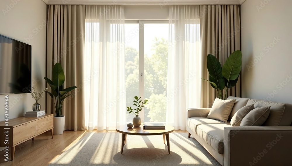 Fototapeta premium Elegant sheer curtains softly filtering sunlight in a bright living room , room decor, d?cor