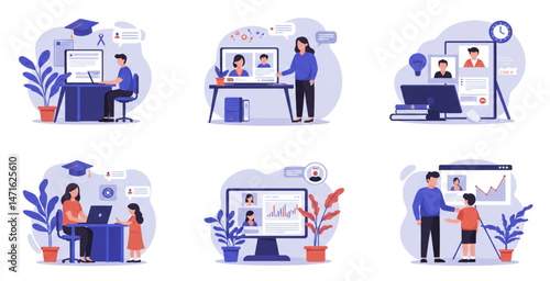 Online Learning and Remote Education Concept Set | Diverse Illustrations of Virtual Classrooms and Digital Teaching Scenarios for eLearning Platforms, School Websites, and Educational Marketing
