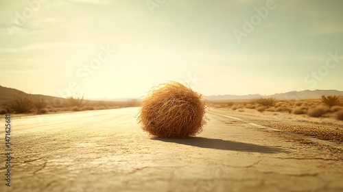 Solitary Tumbleweed Rolling Across Sunlit Desert Road