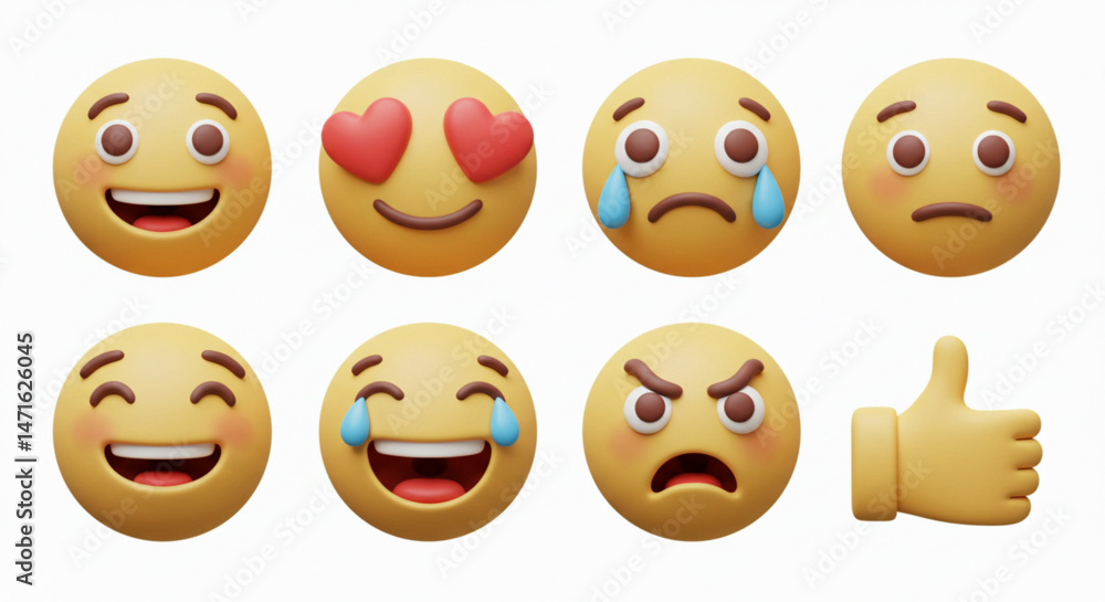 Fototapeta premium Yellow Emoji Set with Happy, Love, Sad, Angry and Like Icons | 3D Render of Emotional Expression for Social Media Marketing, User Interface and Communication