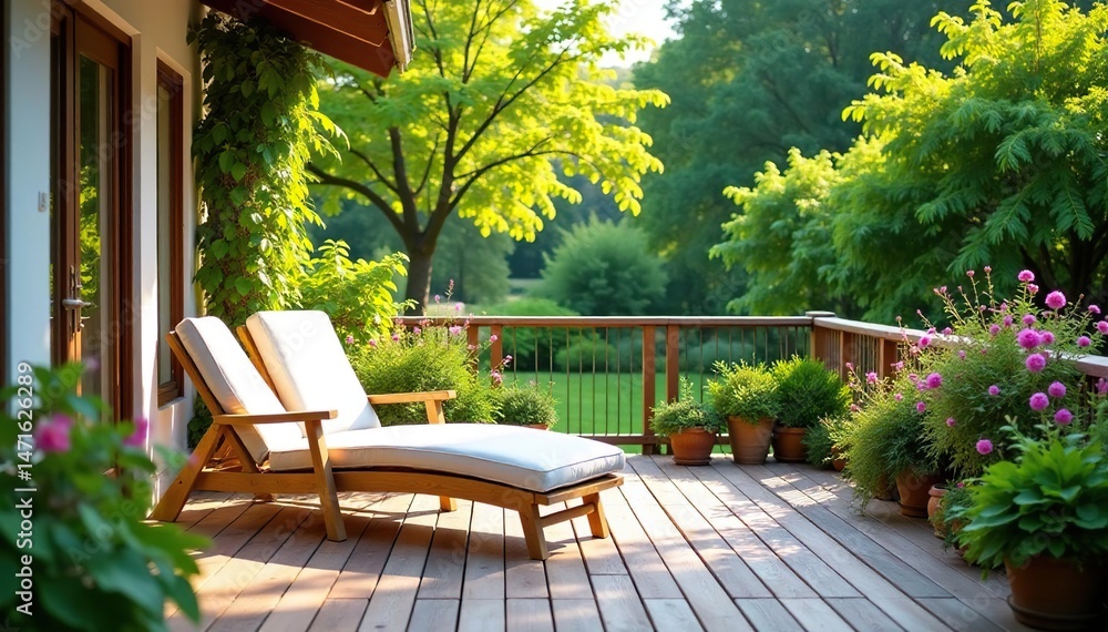 Fototapeta premium Relaxing patio furniture set on a sunny deck overlooking a lush garden , leisure, outdoor furniture