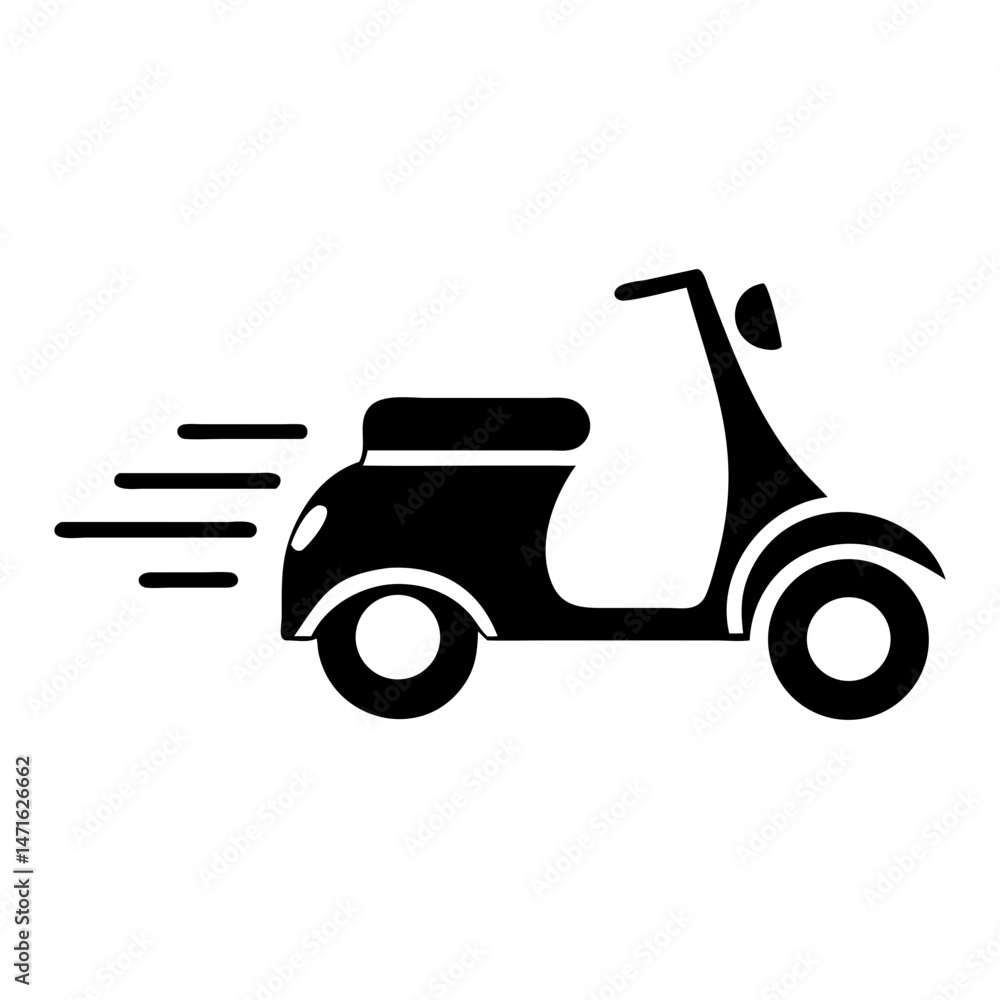 Simple black silhouette of a delivery scooter icon for fast service and speed Simple black silhouette of a delivery scooter icon for fast service and speed