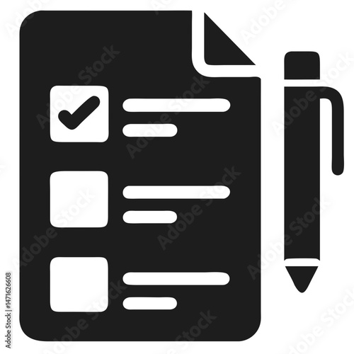 Simple black and white icon depicting exam paper with tick and writing pen ready