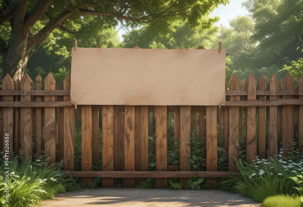 Fototapeta premium Rustic wooden fence with poster, lush park backdrop, mockup, fence texture, realistic