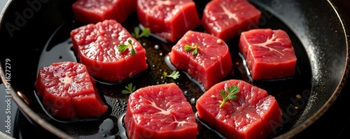 Top view of raw steak pieces being tossed in a hot pan with oil, raw, oil, sizzling