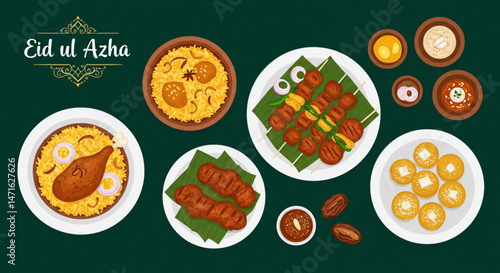 Eid Ul Azha Feast Illustration with Traditional Dishes | Festive Food Celebration for Islamic Holiday, Religious Greeting Cards and Social Media