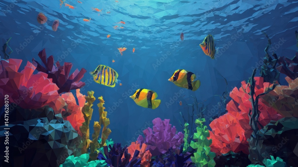 Fototapeta premium Vibrant Underwater Polygonal Scene: A Low-Poly Digital Art of Tropical Reef