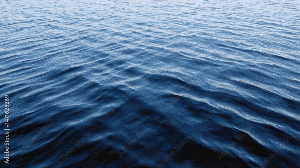 Naklejka premium Calm deep water surface, tranquil blue waves undulating gently, serene natural backdrop perfect for relaxation themes.
