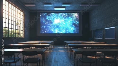 Classroom with projector showing cosmic display