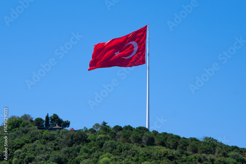 Giant Turkish Flag Standing Proud on a Green Hilltop