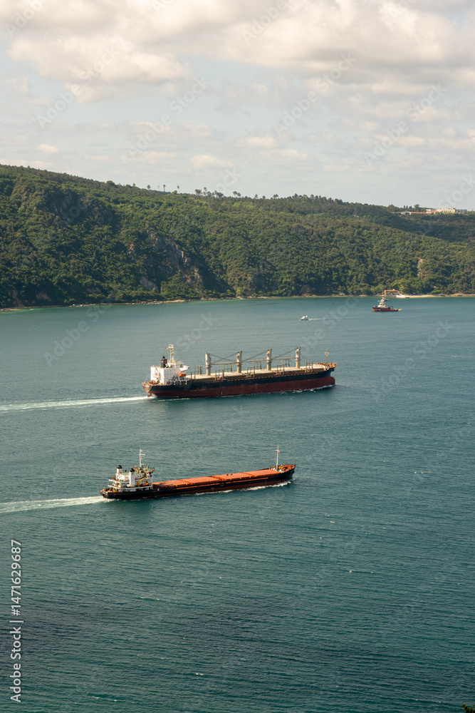 Fototapeta premium Two Cargo Tankers Sailing Side by Side on the Open Sea – Vertical View