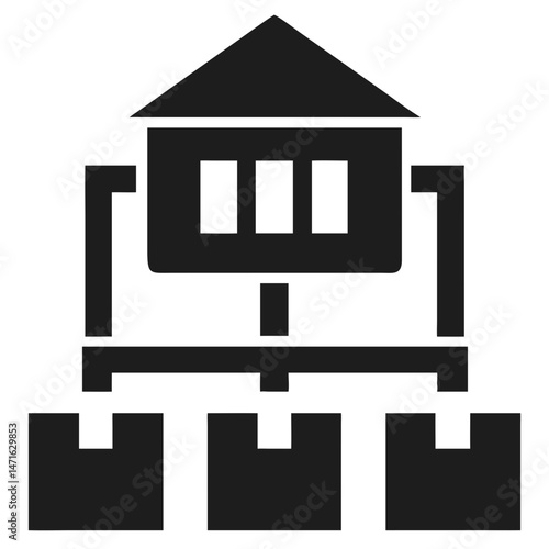 Minimalist black distribution center building icon representing logistics and warehouse operations