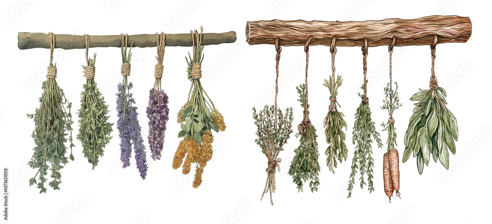 Obraz premium Watercolor Hanging Bundles of Dried Herbs and Vegetables