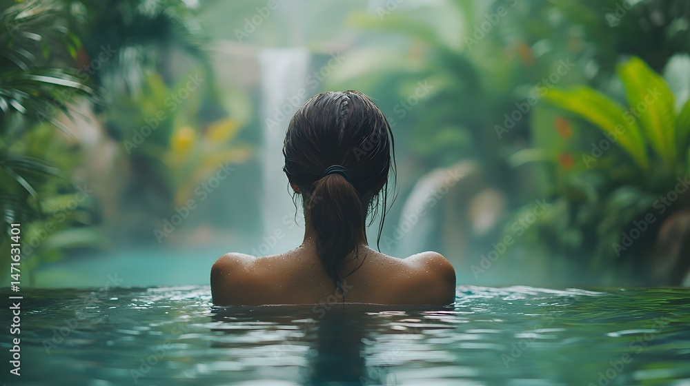 A woman experiences the rejuvenating natural thermal spa in a lush tropical setting A woman experiences the rejuvenating natural thermal spa in a lush tropical setting
