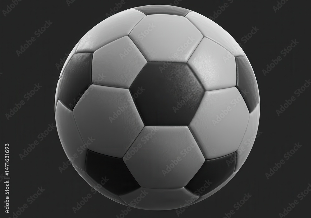 Fototapeta premium Close-up of a soccer ball with black and white panels against a dark gray background in a studio shot