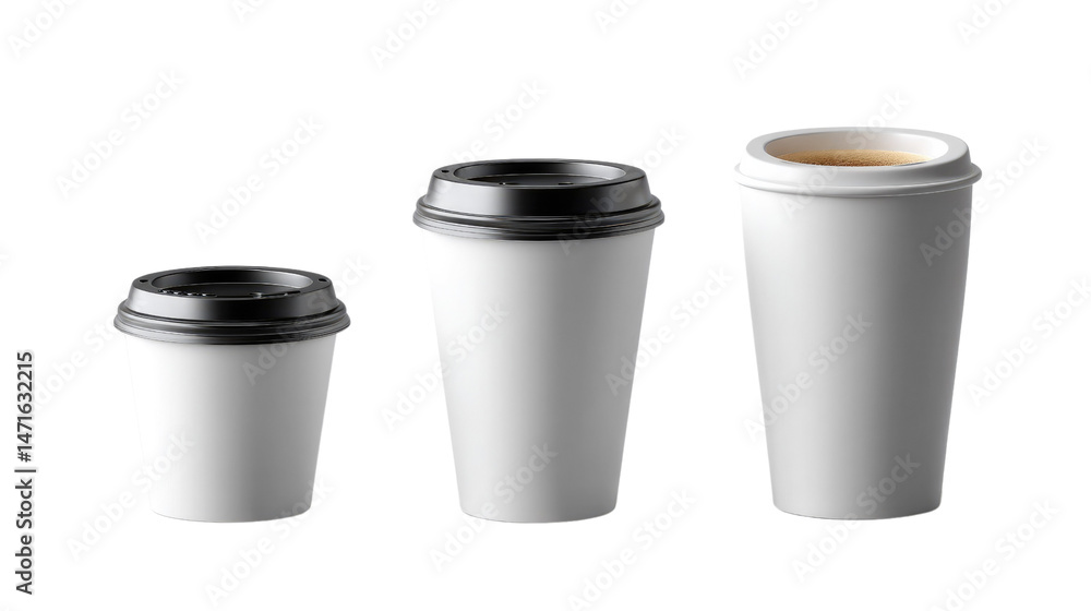 Coffee Cup Variety: This image showcases an assortment of disposable coffee cups, each brimming with warmth, awaiting the hands of a customer. Coffee Cup Variety: This image showcases an assortment of disposable coffee cups, each brimming with warmth, awaiting the hands of a customer.