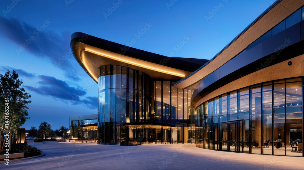 Modern corporate building exterior at dusk, showcasing a curved glass facade and warm wood accents under a dramatic twilight sky. : Generative AI Modern corporate building exterior at dusk, showcasing a curved glass facade and warm wood accents under a dramatic twilight sky. : Generative AI