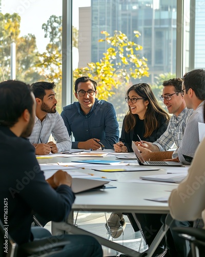 A diverse group of professionals engaged in a productive meeting, sharing ideas and collaborating around a bright conference table.