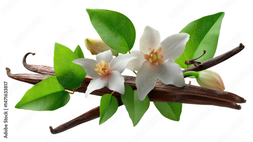 Obraz premium Vanilla's Delicate Aroma: Exquisite vanilla beans, fresh flowers, and vibrant green leaves, all perfectly arranged, exuding the essence of purity and organic delights. 
