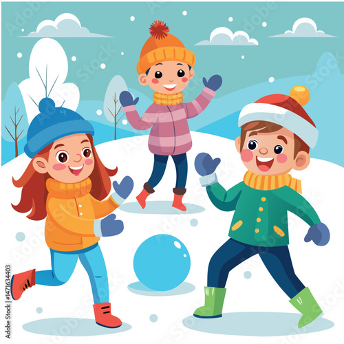 Children Engaged in Snowball Fight Vector Illustration