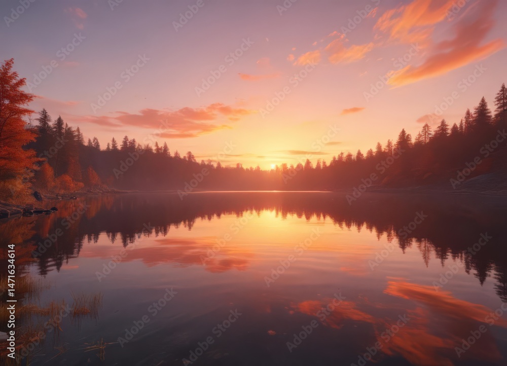 Serene sunset paints tranquil lake with fiery hues, orange, lake Serene sunset paints tranquil lake with fiery hues, orange, lake