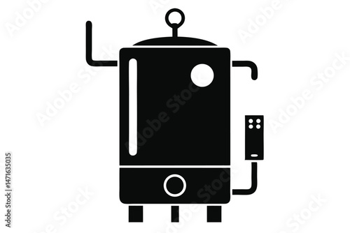 Black silhouette reveals a stylized vintage water heater with pipes, tank, and simple controls