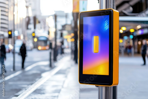 Wallpaper Mural Modern urban smartphone charging station, information board with bright touchscreen located at public transport stop, with blurred pedestrians and tram in the background. Torontodigital.ca