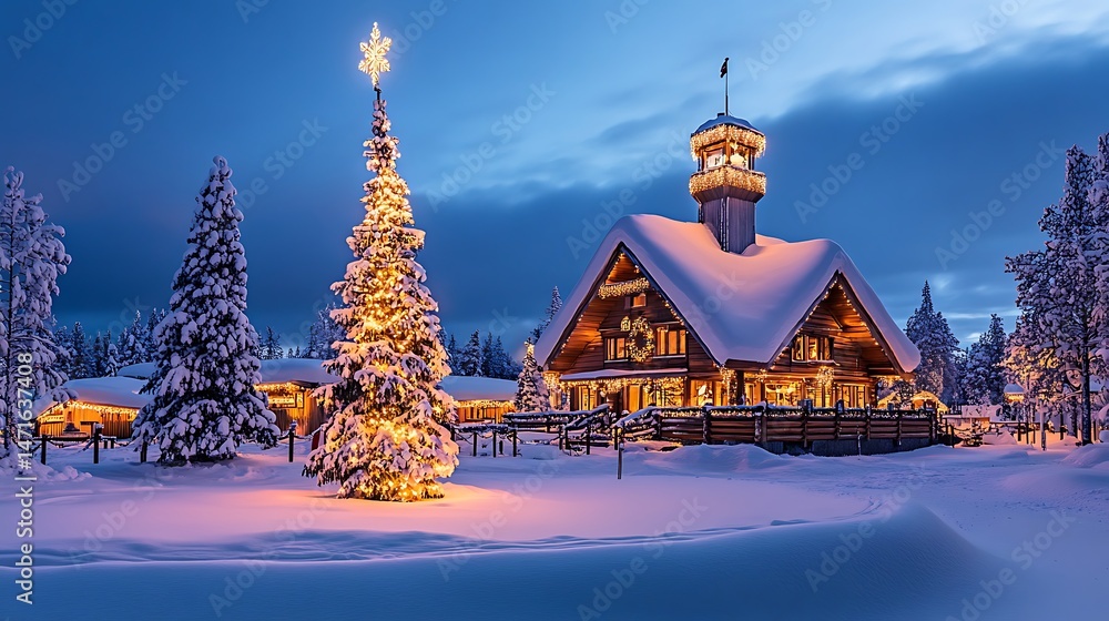 Fototapeta premium Snowy Christmas Village Night.