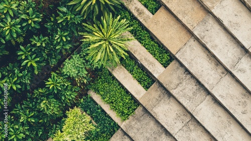 Aerial view of lush greenery and stone steps creating a serene outdoor environment