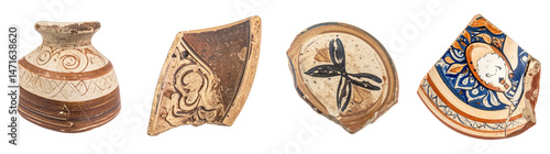 Ancient Pottery Shards Archaeological Ceramics Fragments Isolated on Transparent Background