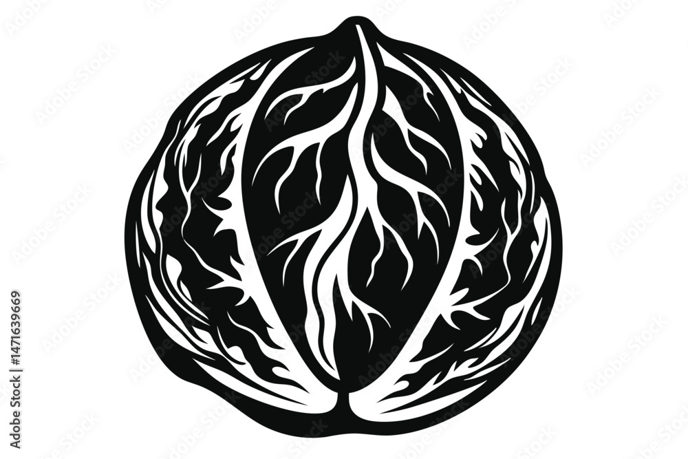 Black and white shows abstract walnut shell with stylized veins inside a seed Black and white shows abstract walnut shell with stylized veins inside a seed