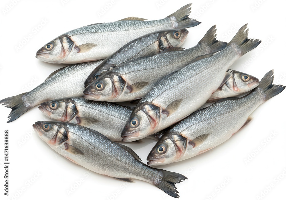 A group of fresh european sea bass fish are stacked together on a white surface A group of fresh european sea bass fish are stacked together on a white surface