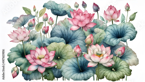 Wallpaper Mural  Lotus flowers in watercolor style. Pink flowers and buds. Close-up of a lotus on a white background. Water lilies Torontodigital.ca