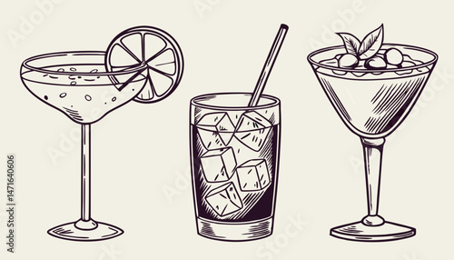 Hand-drawn collection of cocktails and drinks in various glass styles. Vintage ink sketch vector illustrations of classic alcoholic beverages.       