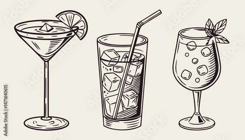 Hand-drawn collection of cocktails and drinks in various glass styles. Vintage ink sketch vector illustrations of classic alcoholic beverages.       