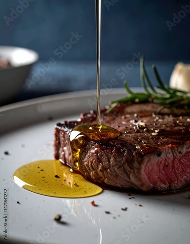 Food Editorial AI Generated - Juicy tender grilled steak being drizzled with golden olive oil with fresh herbs and seasoning on a modern dark background