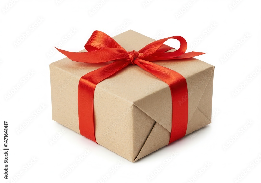 Obraz premium A square gift wrapped in tan paper with a bright red satin ribbon and bow, isolated on a white background