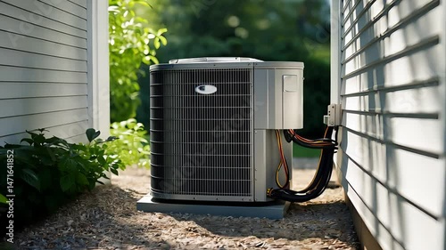 Outdoor air conditioning unit installed between two residential house walls on gravel ground with pipes connected and green background

