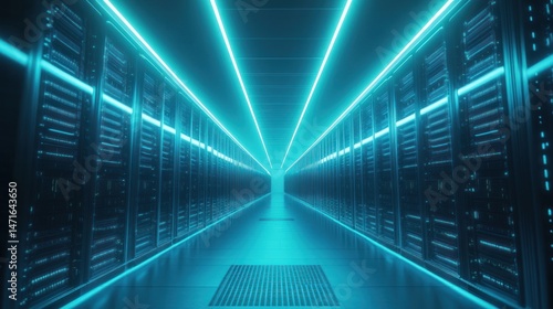 Futuristic server room bathed in turquoise light