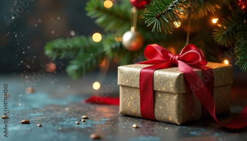 A beautifully wrapped Christmas gift sits under a decorated tree , tree, silver, shine