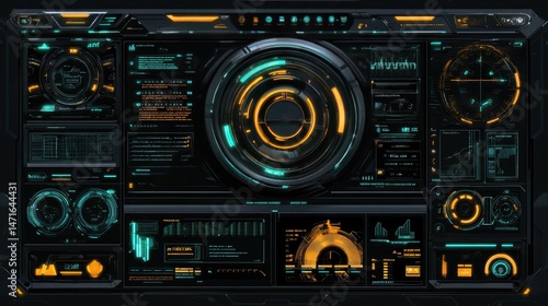 Futuristic dashboard interface with various data displays