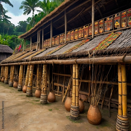 Traditional Dayak longhouse decorated for Gawai festival, with bamboo torches and cultural ornaments, no people, vibrant colors, suitable for cultural celebration themes