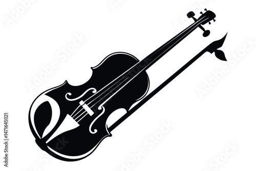 Silhouette of a violin and bow features a stark and striking black and white color scheme